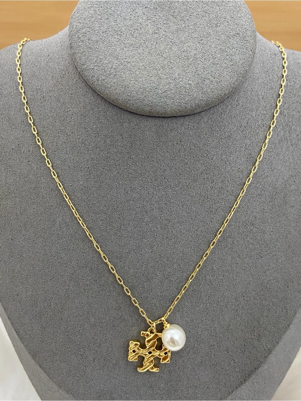 Tory Burch Gold Chain Necklace with Pearl and Logo Charm